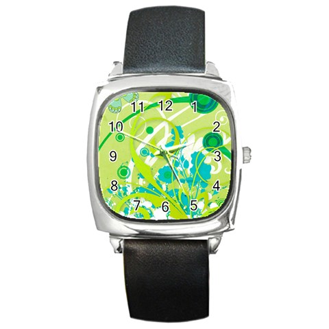 Green Blue Flower Art Square Metal Watch from ArtsNow.com Front