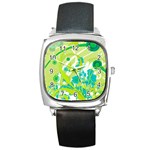 Green Blue Flower Art Square Metal Watch