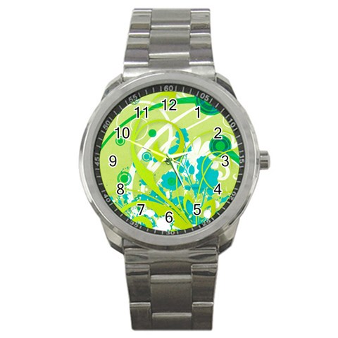 Green Blue Flower Art Sport Metal Watch from ArtsNow.com Front