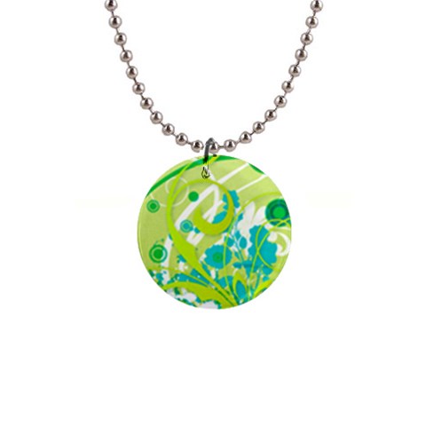 Green Blue Flower Art 1  Button Necklace from ArtsNow.com Front