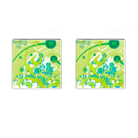 Green Blue Flower Art Cufflinks (Square) from ArtsNow.com Front(Pair)