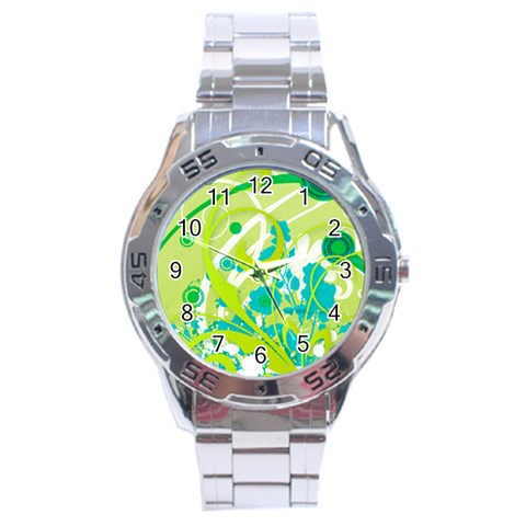 Green Blue Flower Art Stainless Steel Analogue Watch from ArtsNow.com Front