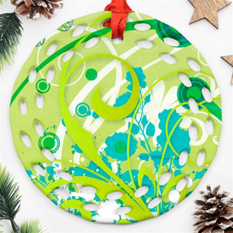 Green Blue Flower Art Ornament (Round Filigree) from ArtsNow.com Front