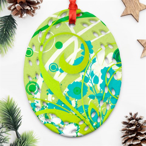 Green Blue Flower Art Ornament (Oval Filigree) from ArtsNow.com Front