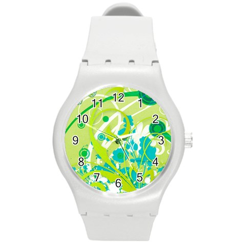 Green Blue Flower Art Round Plastic Sport Watch (M) from ArtsNow.com Front