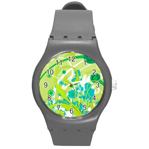 Green Blue Flower Art Round Plastic Sport Watch (M) from ArtsNow.com Front