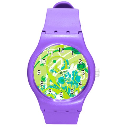 Green Blue Flower Art Round Plastic Sport Watch (M) from ArtsNow.com Front