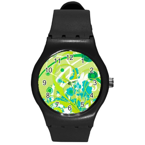 Green Blue Flower Art Round Plastic Sport Watch (M) from ArtsNow.com Front