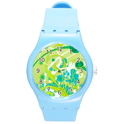 Green Blue Flower Art Round Plastic Sport Watch (M) from ArtsNow.com Front