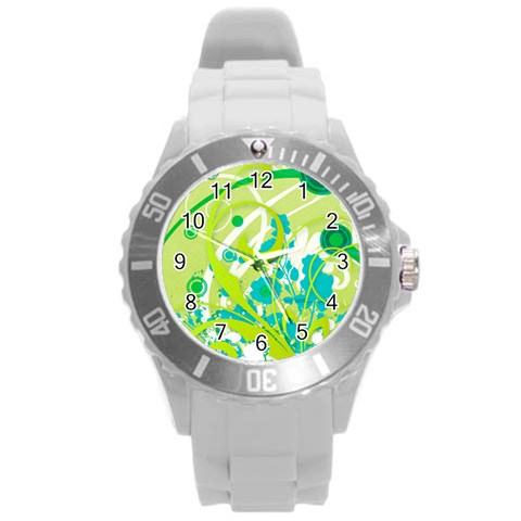 Green Blue Flower Art Round Plastic Sport Watch (L) from ArtsNow.com Front