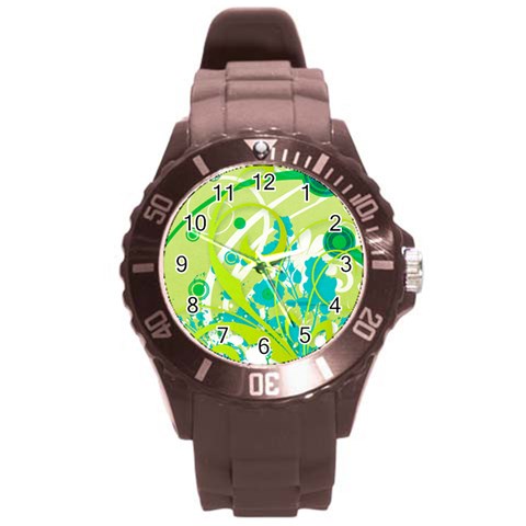 Green Blue Flower Art Round Plastic Sport Watch (L) from ArtsNow.com Front