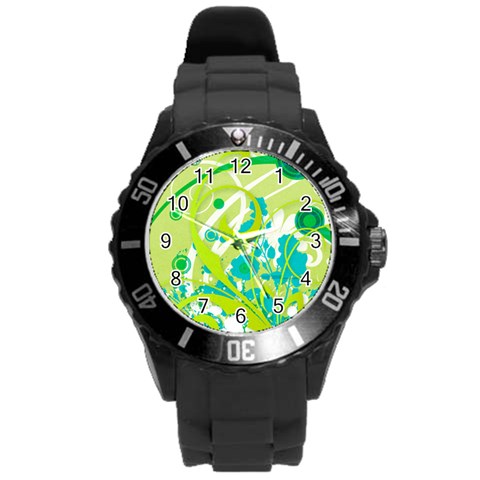 Green Blue Flower Art Round Plastic Sport Watch (L) from ArtsNow.com Front