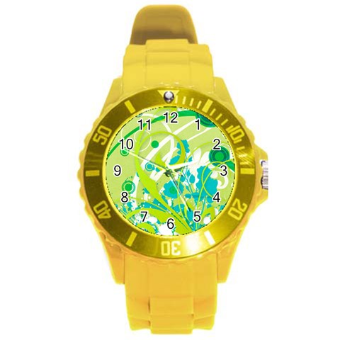 Green Blue Flower Art Round Plastic Sport Watch (L) from ArtsNow.com Front