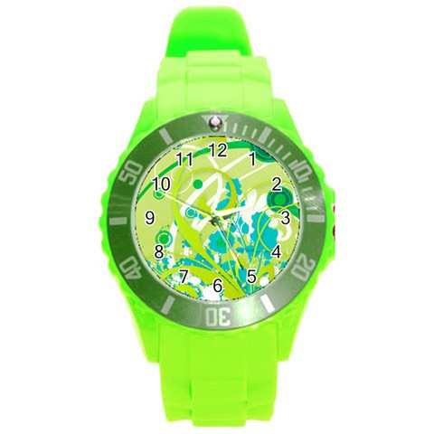 Green Blue Flower Art Round Plastic Sport Watch (L) from ArtsNow.com Front