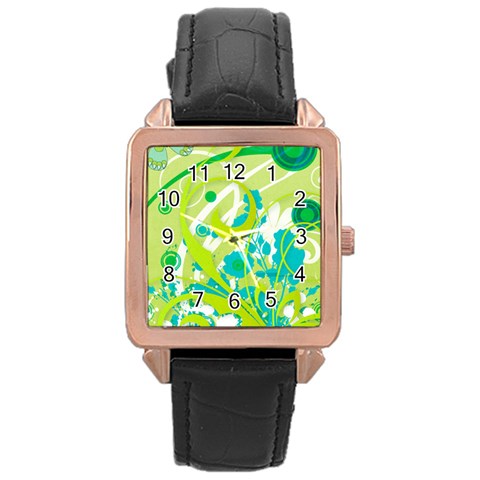 Green Blue Flower Art Rose Gold Leather Watch  from ArtsNow.com Front