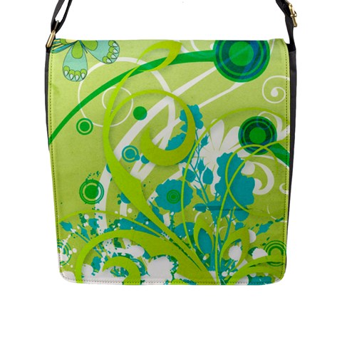 Green Blue Flower Art Flap Closure Messenger Bag (L) from ArtsNow.com Front