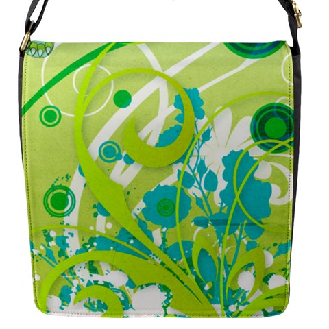 Green Blue Flower Art Flap Closure Messenger Bag (S) from ArtsNow.com Front