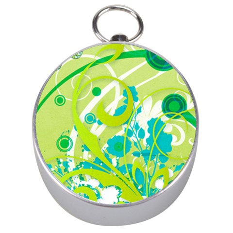 Green Blue Flower Art Silver Compass from ArtsNow.com Front