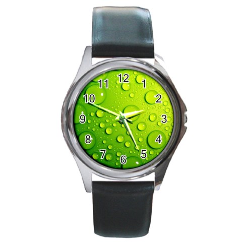 Green Water Drops Round Metal Watch from ArtsNow.com Front