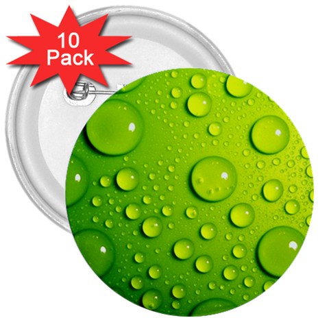 Green Water Drops 3  Button (10 pack) from ArtsNow.com Front