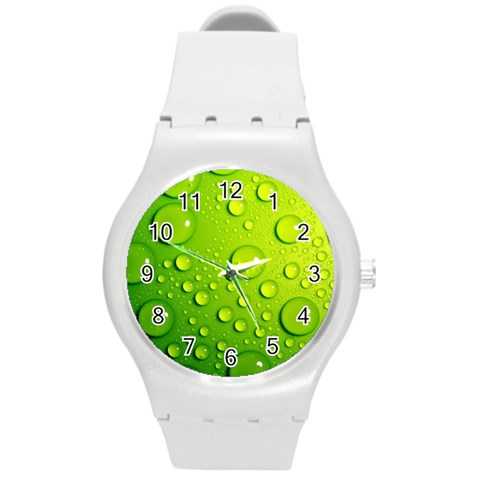 Green Water Drops Round Plastic Sport Watch (M) from ArtsNow.com Front