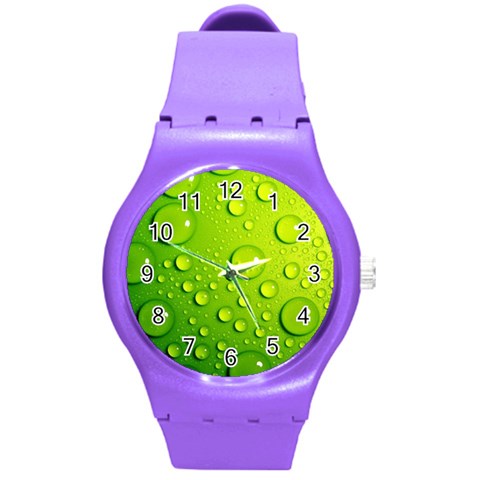 Green Water Drops Round Plastic Sport Watch (M) from ArtsNow.com Front