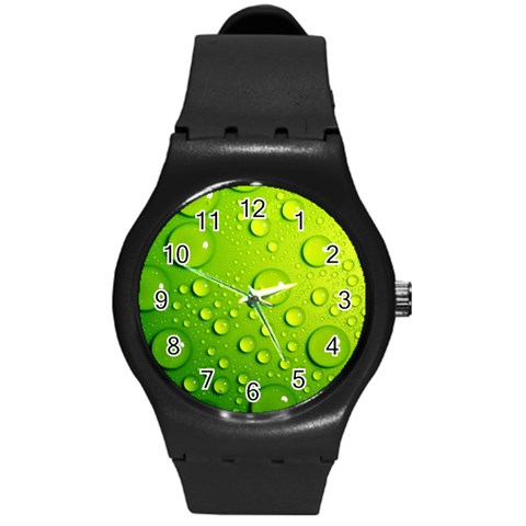 Green Water Drops Round Plastic Sport Watch (M) from ArtsNow.com Front