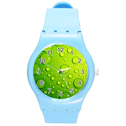 Green Water Drops Round Plastic Sport Watch (M) from ArtsNow.com Front