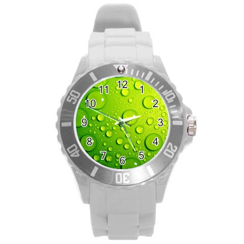 Green Water Drops Round Plastic Sport Watch (L) from ArtsNow.com Front