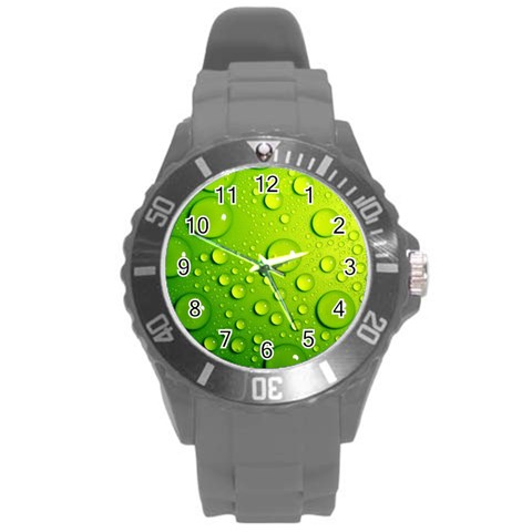 Green Water Drops Round Plastic Sport Watch (L) from ArtsNow.com Front