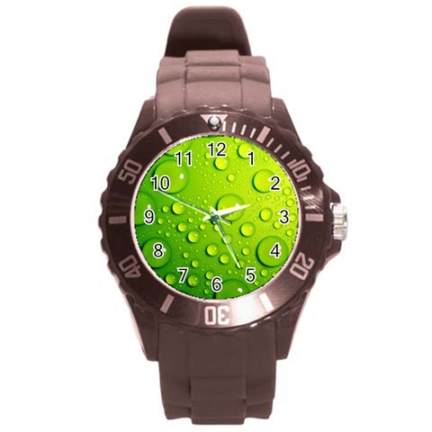 Green Water Drops Round Plastic Sport Watch (L) from ArtsNow.com Front