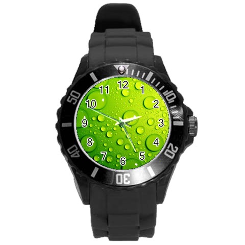 Green Water Drops Round Plastic Sport Watch (L) from ArtsNow.com Front