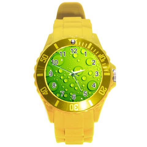 Green Water Drops Round Plastic Sport Watch (L) from ArtsNow.com Front