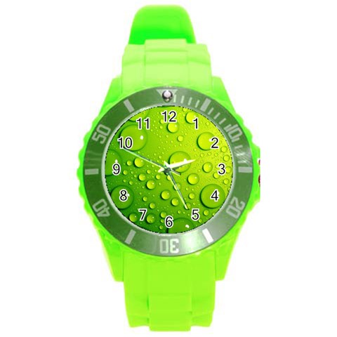 Green Water Drops Round Plastic Sport Watch (L) from ArtsNow.com Front