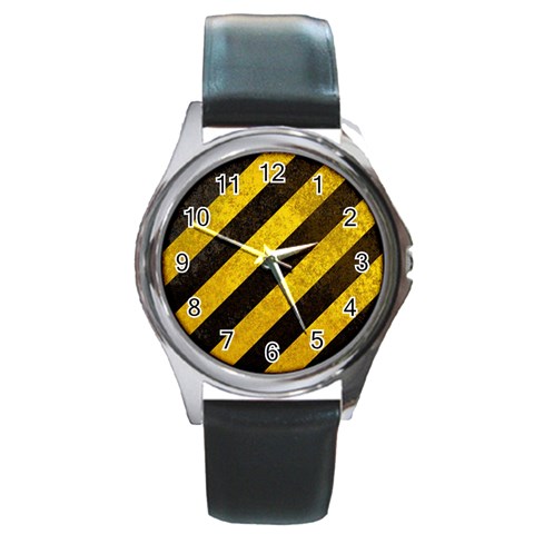 Black And Yellow Caution Round Metal Watch from ArtsNow.com Front