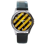 Black And Yellow Caution Round Metal Watch