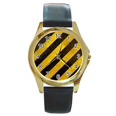 Black And Yellow Caution Round Gold Metal Watch from ArtsNow.com Front