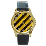 Black And Yellow Caution Round Gold Metal Watch