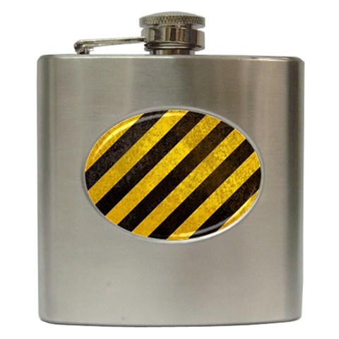 Black And Yellow Caution Hip Flask (6 oz) from ArtsNow.com Front