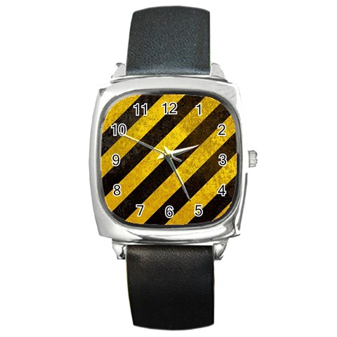 Black And Yellow Caution Square Metal Watch from ArtsNow.com Front