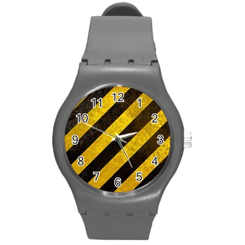 Black And Yellow Caution Round Plastic Sport Watch (M) from ArtsNow.com Front