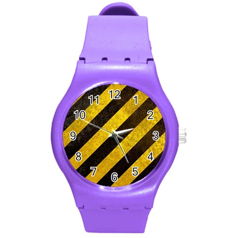 Black And Yellow Caution Round Plastic Sport Watch (M) from ArtsNow.com Front