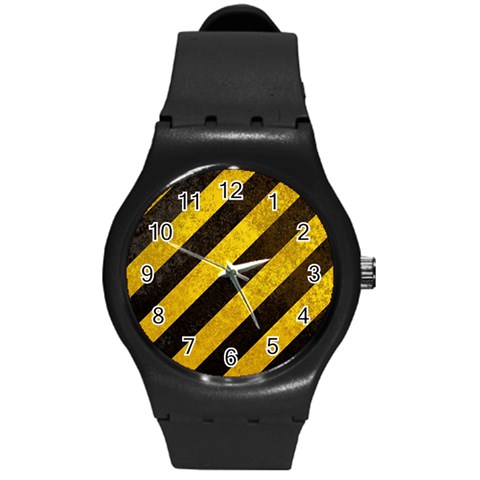 Black And Yellow Caution Round Plastic Sport Watch (M) from ArtsNow.com Front