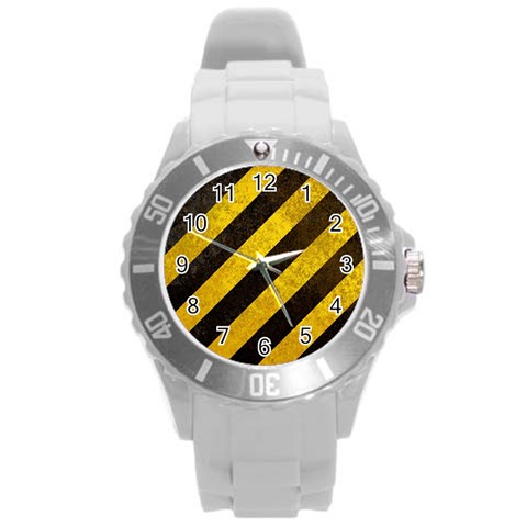 Black And Yellow Caution Round Plastic Sport Watch (L) from ArtsNow.com Front