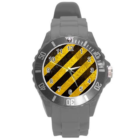 Black And Yellow Caution Round Plastic Sport Watch (L) from ArtsNow.com Front