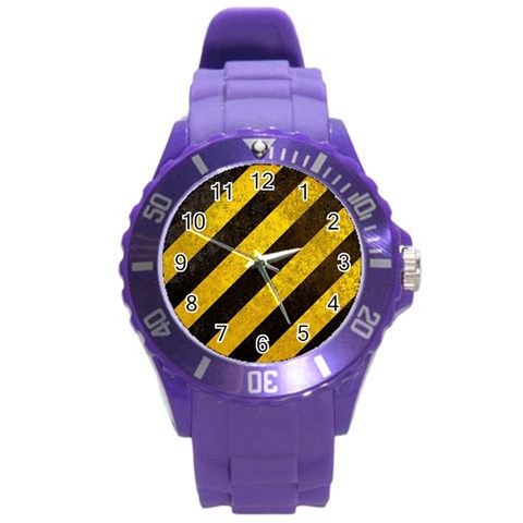 Black And Yellow Caution Round Plastic Sport Watch (L) from ArtsNow.com Front