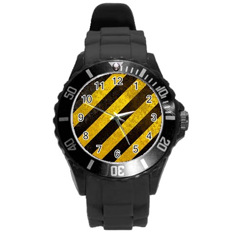 Black And Yellow Caution Round Plastic Sport Watch (L) from ArtsNow.com Front