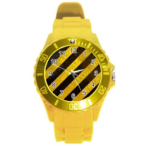 Black And Yellow Caution Round Plastic Sport Watch (L) from ArtsNow.com Front