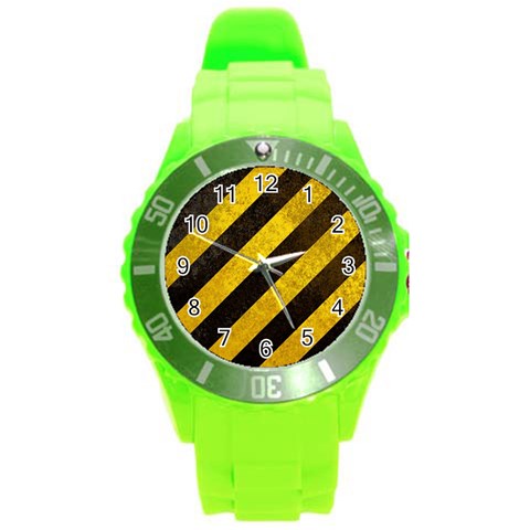 Black And Yellow Caution Round Plastic Sport Watch (L) from ArtsNow.com Front