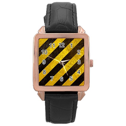 Black And Yellow Caution Rose Gold Leather Watch  from ArtsNow.com Front